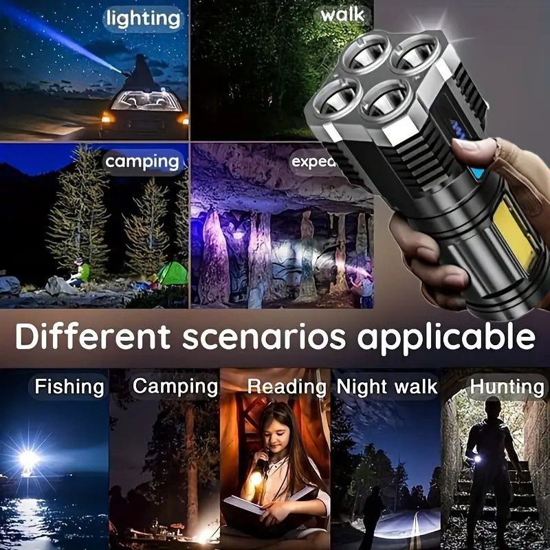 USB Rechargeable LED Flashlight with 4 Modes & COB Side Light - Powerful, Portable Torch for Outdoor Camping