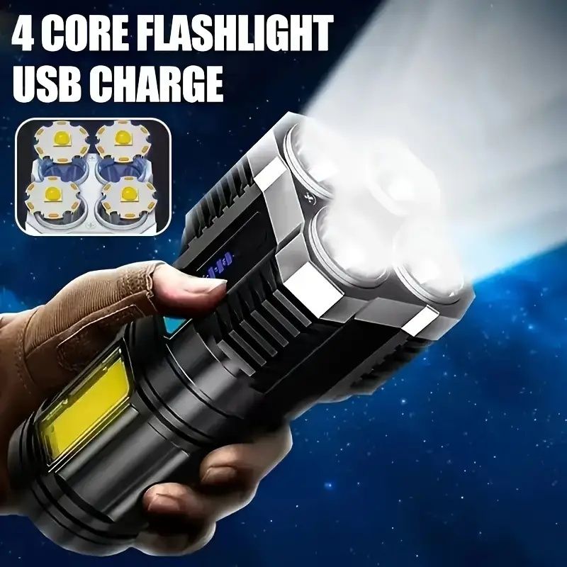 USB Rechargeable LED Flashlight with 4 Modes & COB Side Light - Powerful, Portable Torch for Outdoor Camping