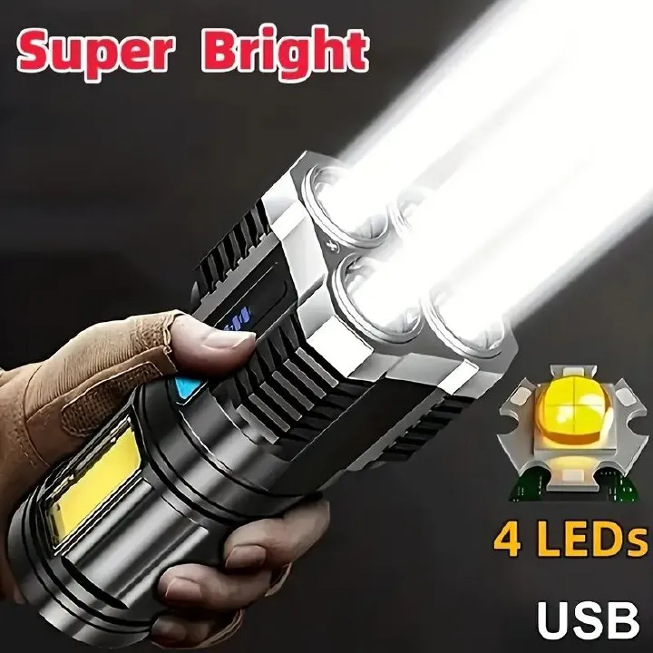 USB Rechargeable LED Flashlight with 4 Modes & COB Side Light - Powerful, Portable Torch for Outdoor Camping
