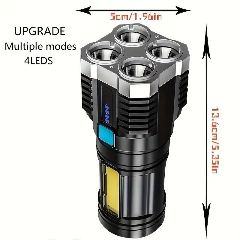 USB Rechargeable LED Flashlight with 4 Modes & COB Side Light - Powerful, Portable Torch for Outdoor Camping