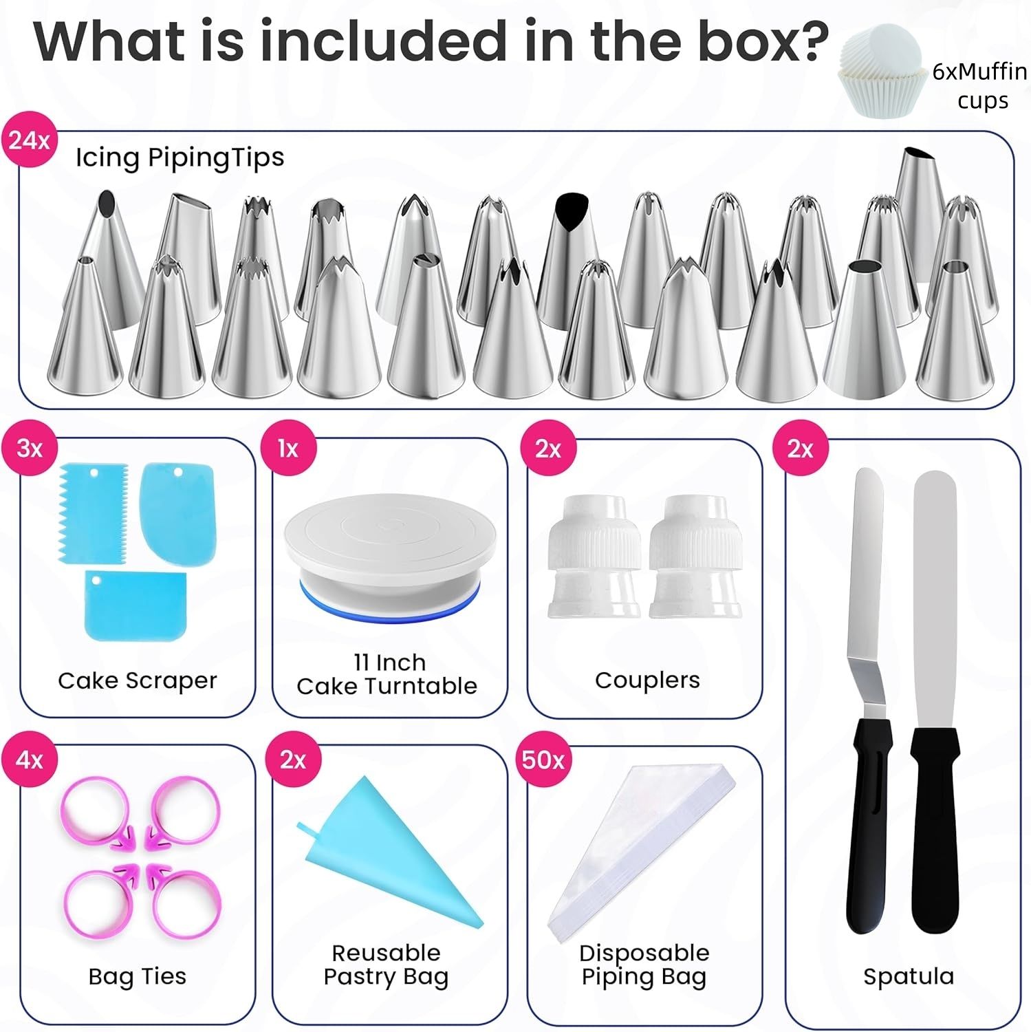94 pcs Cake Decorating Kit with Cake Turntable - Includes 50 Disposable + 2 Reusable Piping Bags and Tips Set, 24 Icing Piping Tips, 2 Spatulas, 3 Icing Comb Scraper, 6 Muffin Cups