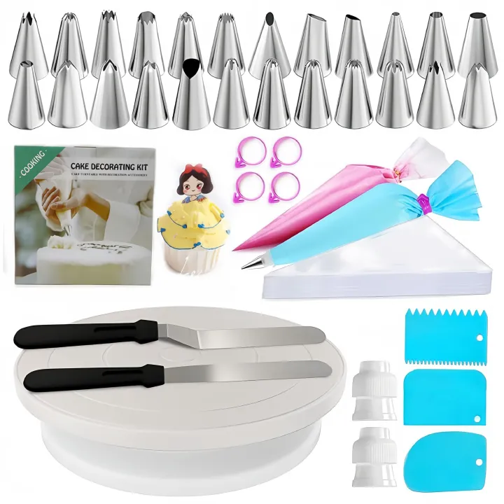 94 pcs Cake Decorating Kit with Cake Turntable - Includes 50 Disposable + 2 Reusable Piping Bags and Tips Set, 24 Icing Piping Tips, 2 Spatulas, 3 Icing Comb Scraper, 6 Muffin Cups