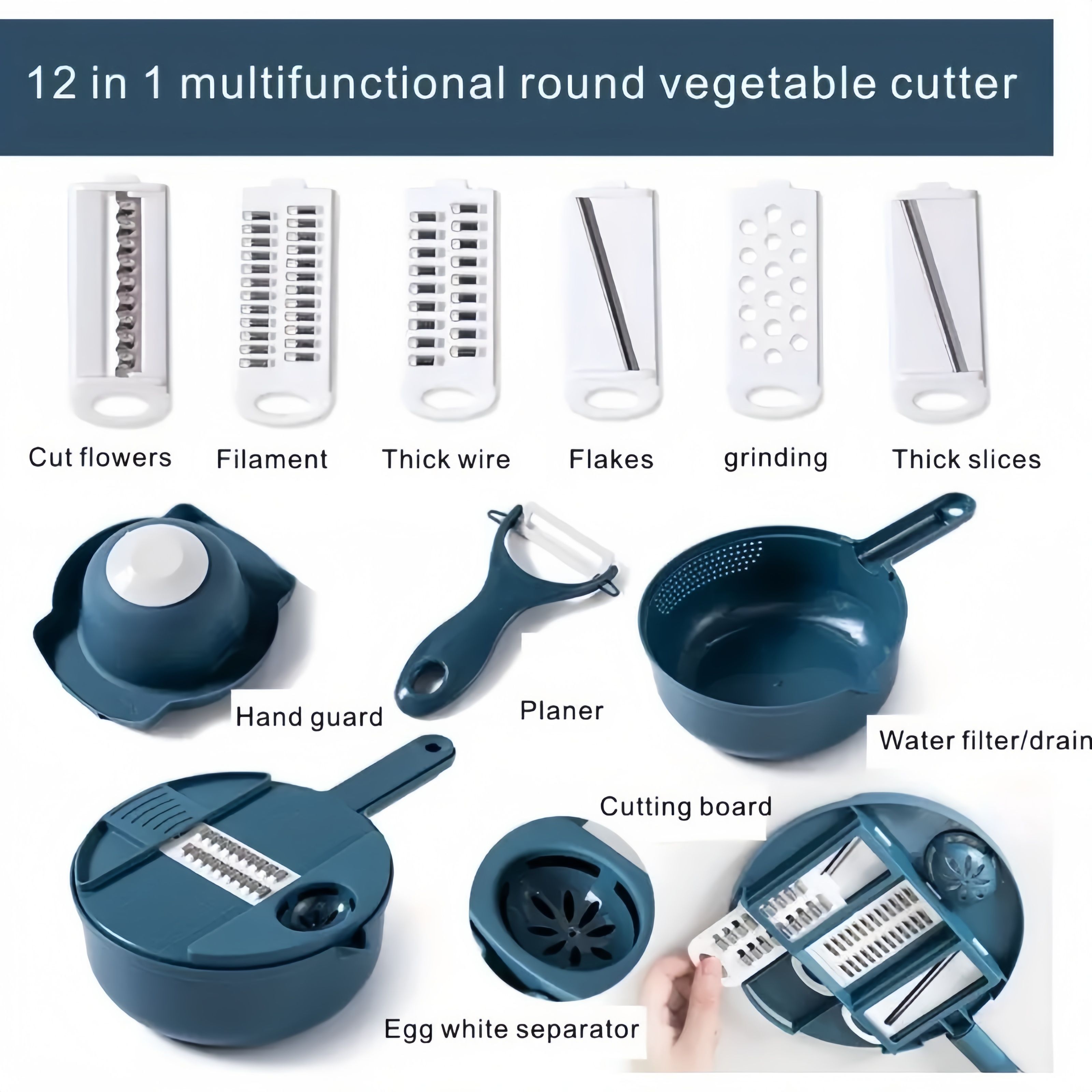 12-in-1 Multi-Functional Vegetable Chopper - Manual Slicer, Dicer, Grater for Potatoes, Carrots, Radishes - Easy Clean Kitchen Gadget, Suitable for Home and Restaurant Use, PP Material