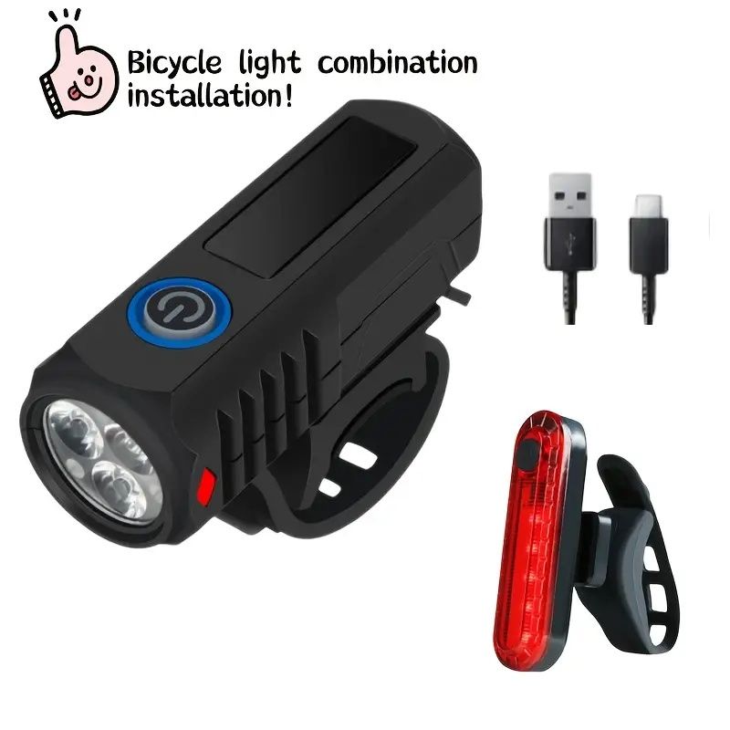 2pcs Mountain Bike Headlight And Taillight, LED USB Rechargeable, Handlebar Mount, High Brightness for Night Riding