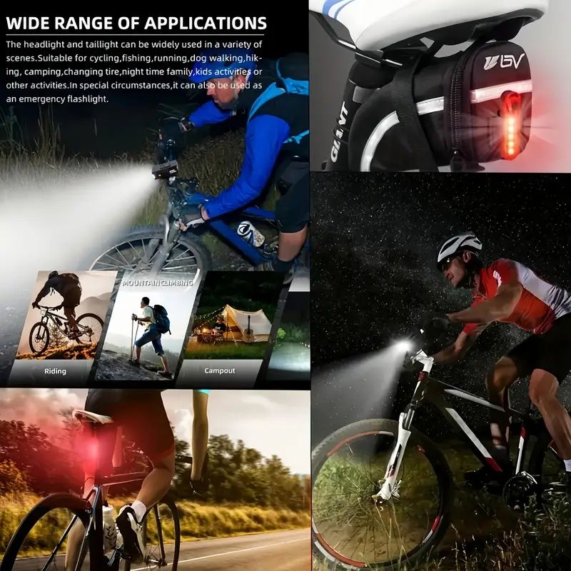 2pcs Mountain Bike Headlight And Taillight, LED USB Rechargeable, Handlebar Mount, High Brightness for Night Riding