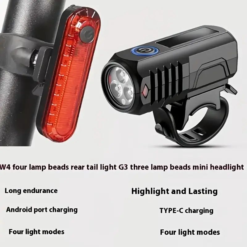 2pcs Mountain Bike Headlight And Taillight, LED USB Rechargeable, Handlebar Mount, High Brightness for Night Riding