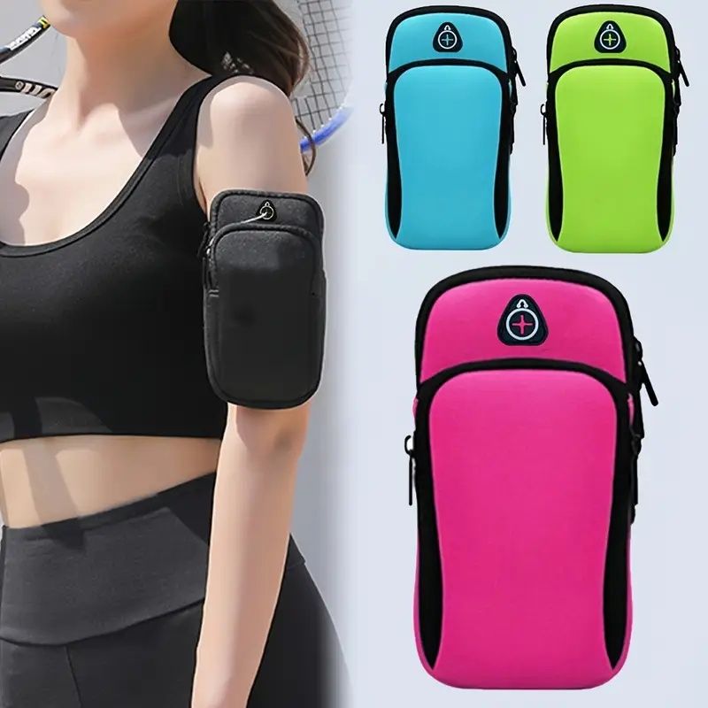 Universal 6.5'' Zippered Multi-Compartment Arm Bag for Fitness & Outdoor Activities,Durable Polyester, Double Layer Storage with Earphone Hole, Ideal for Phone, Keys, and Cosmetics