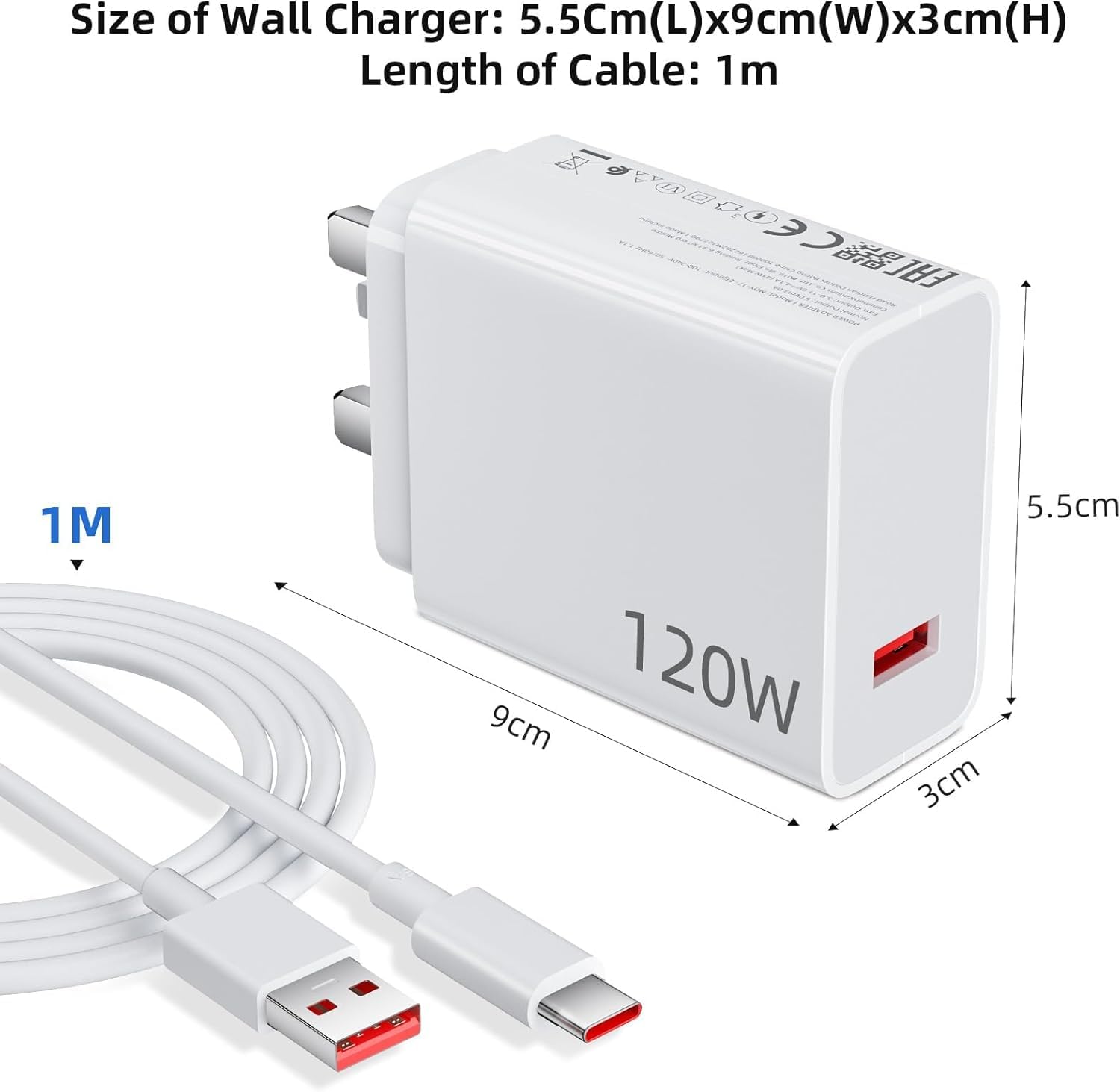 120W Fast Charger Compatible with Xiaomi POCO Samsung Huawei With 1M 6A Type C Cable,Wall Charger UK Power Adapter for Redmi Note