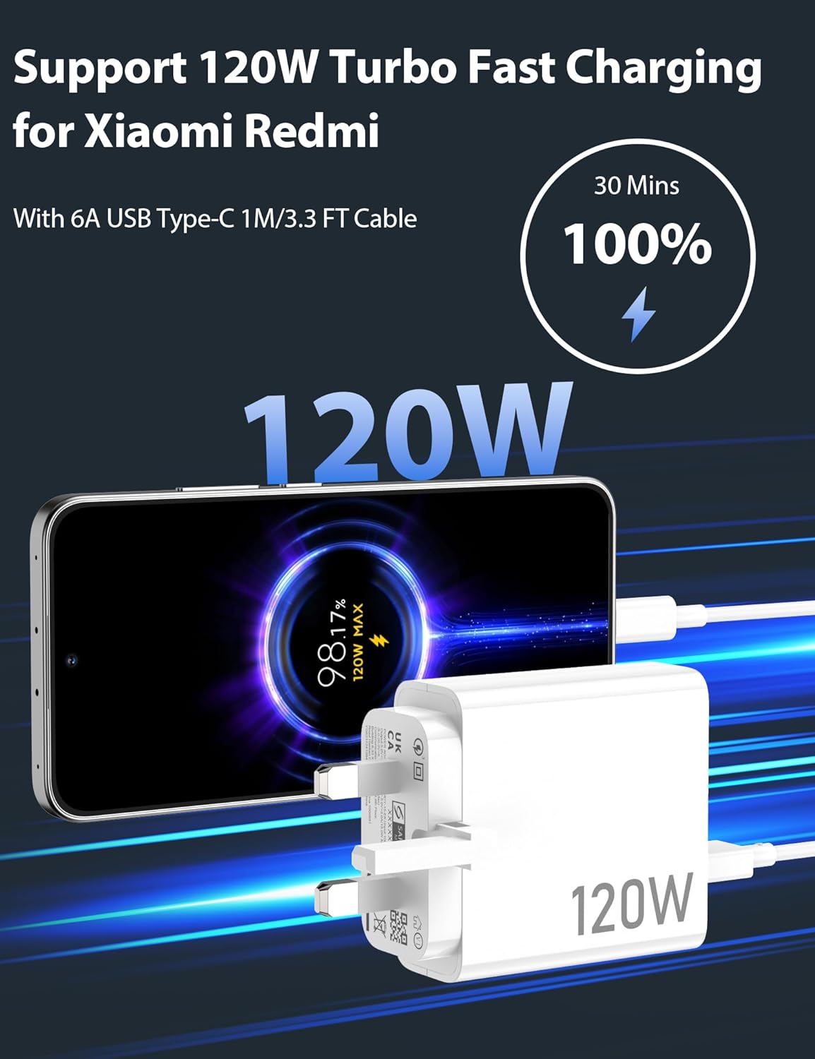 120W Fast Charger Compatible with Xiaomi POCO Samsung Huawei With 1M 6A Type C Cable,Wall Charger UK Power Adapter for Redmi Note