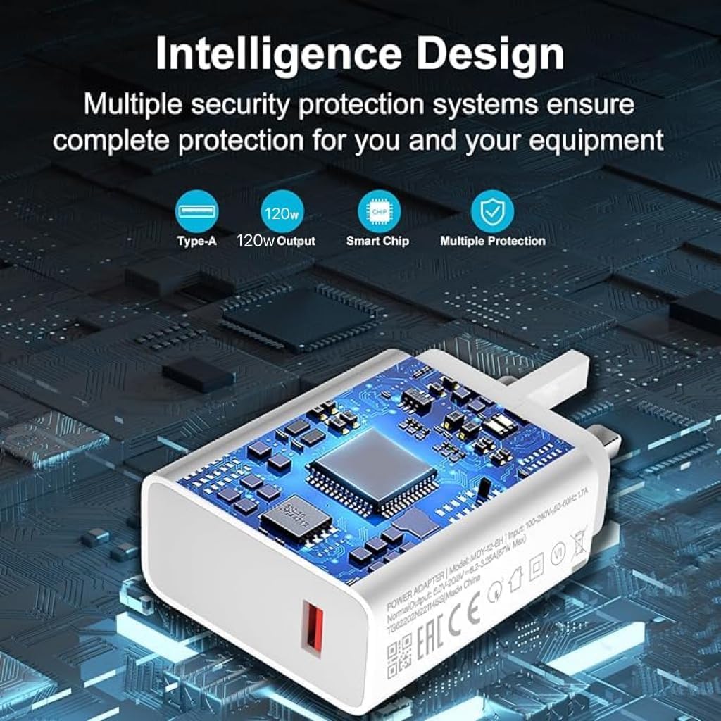 120W Fast Charger Compatible with Xiaomi POCO Samsung Huawei With 1M 6A Type C Cable,Wall Charger UK Power Adapter for Redmi Note