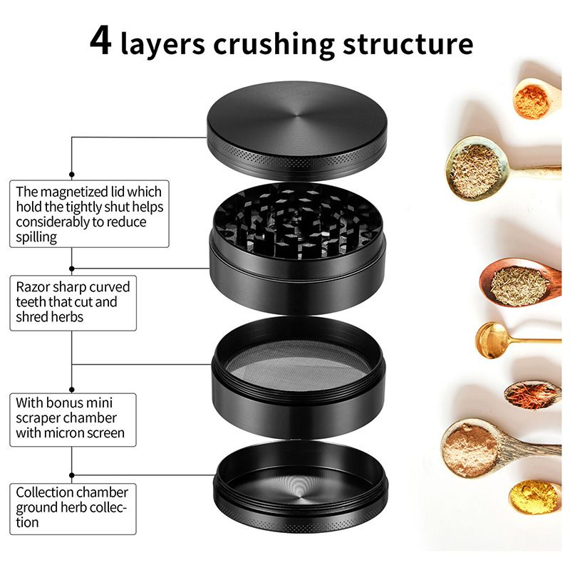 50mm Four Piece Black Premium Zinc Alloy Herb Grinder with Sifter and Magnetic Top for Dry Herb Spices Portable
