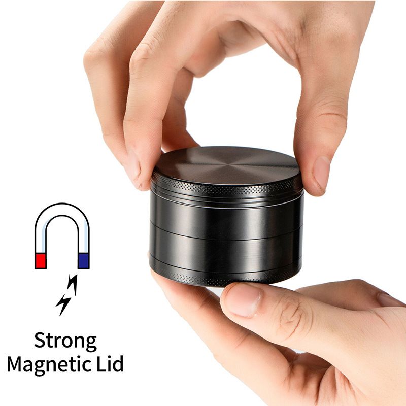 50mm Four Piece Black Premium Zinc Alloy Herb Grinder with Sifter and Magnetic Top for Dry Herb Spices Portable