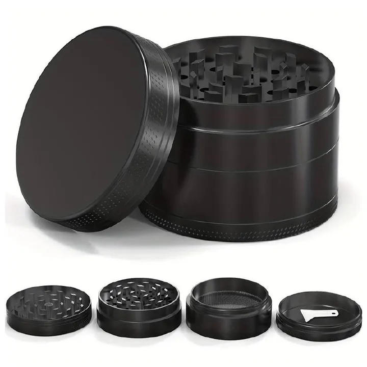 50mm Four Piece Black Premium Zinc Alloy Herb Grinder with Sifter and Magnetic Top for Dry Herb Spices Portable