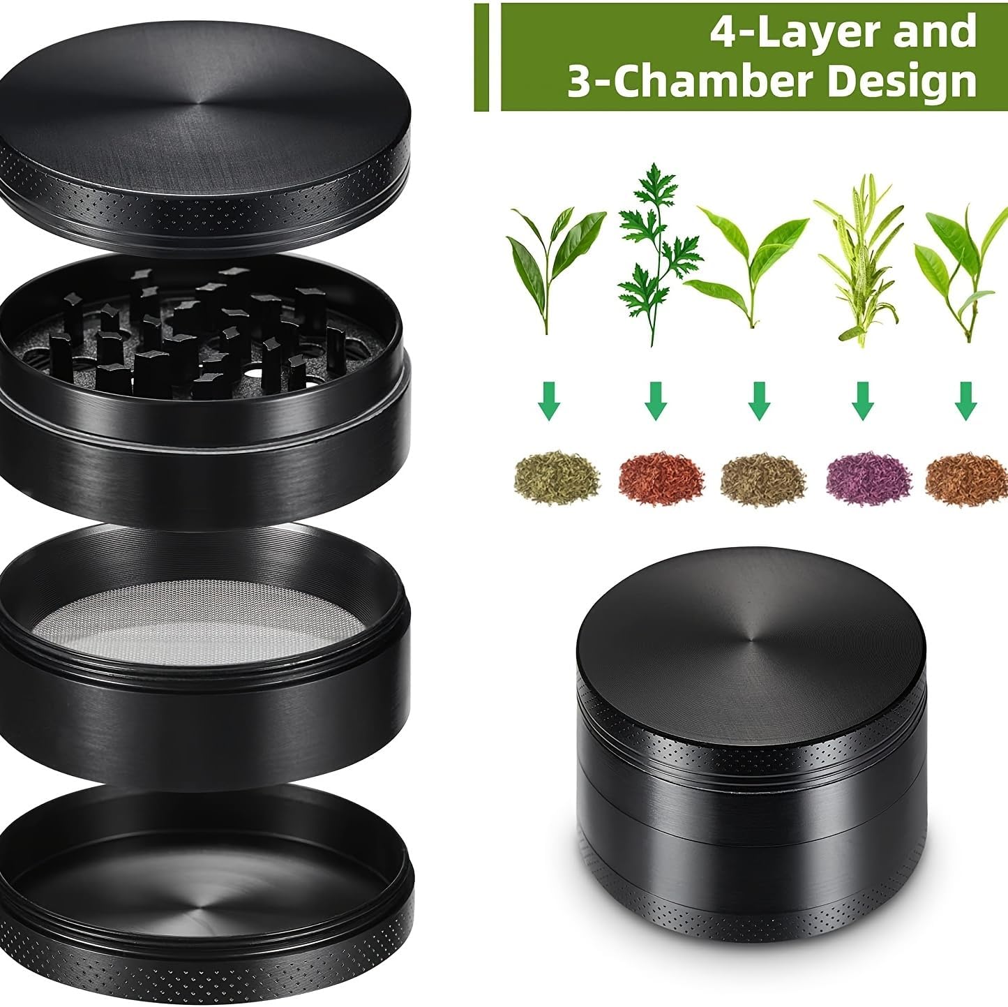 50mm Four Piece Black Premium Zinc Alloy Herb Grinder with Sifter and Magnetic Top for Dry Herb Spices Portable