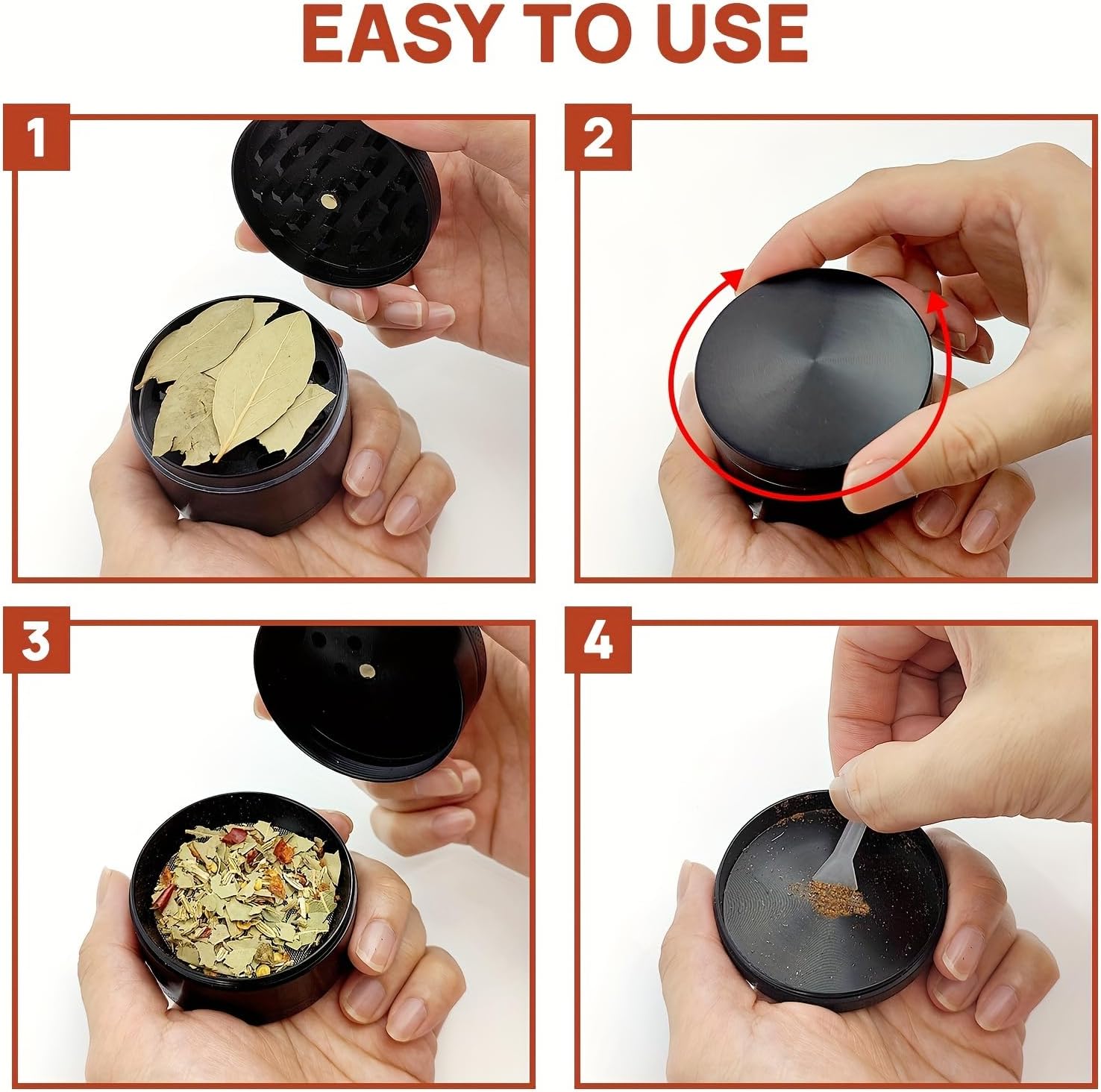 50mm Four Piece Black Premium Zinc Alloy Herb Grinder with Sifter and Magnetic Top for Dry Herb Spices Portable