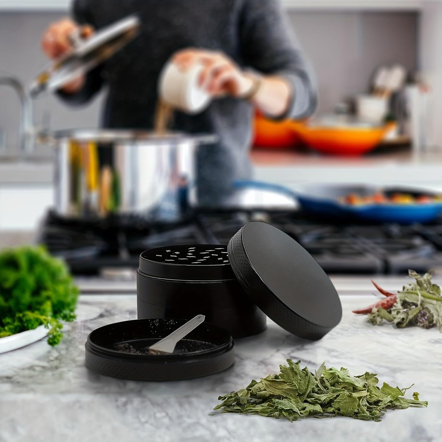 50mm Four Piece Black Premium Zinc Alloy Herb Grinder with Sifter and Magnetic Top for Dry Herb Spices Portable