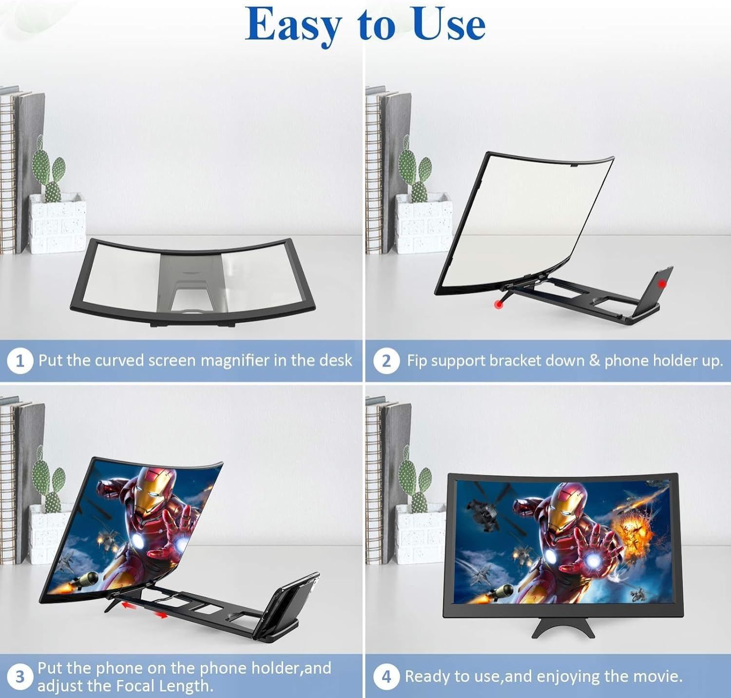 12inch Curved Screen Magnifier for Cell Phone,3D HD Magnifying Projector Screen Enlarger for Movies, Video, and Gaming, Foldable Phone Stand Holder with Screen Amplifier,Compatible with All Smartphone