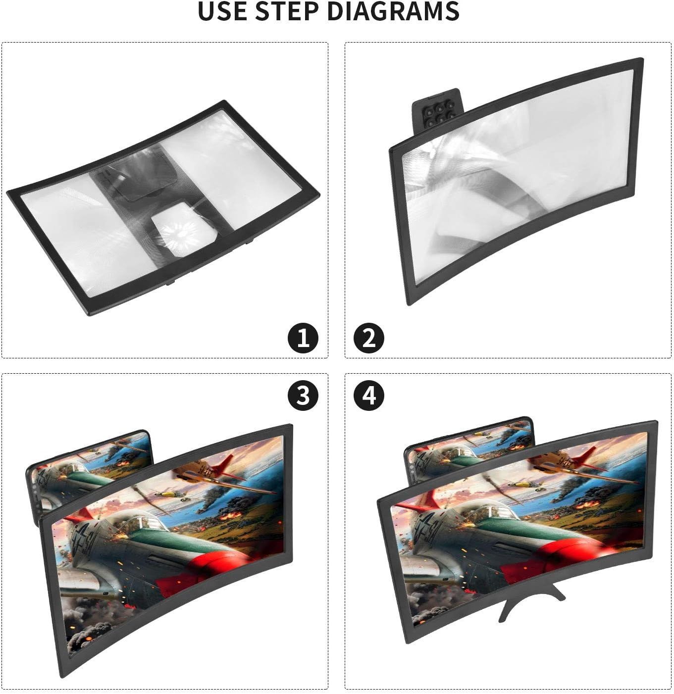 12inch Curved Screen Magnifier for Cell Phone,3D HD Magnifying Projector Screen Enlarger for Movies, Video, and Gaming, Foldable Phone Stand Holder with Screen Amplifier,Compatible with All Smartphone