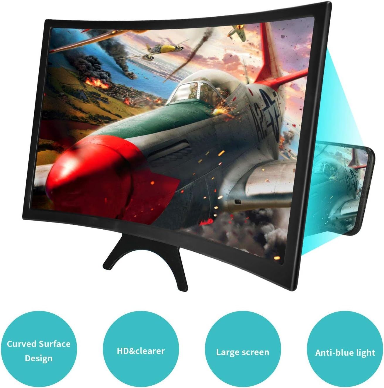 12inch Curved Screen Magnifier for Cell Phone,3D HD Magnifying Projector Screen Enlarger for Movies, Video, and Gaming, Foldable Phone Stand Holder with Screen Amplifier,Compatible with All Smartphone