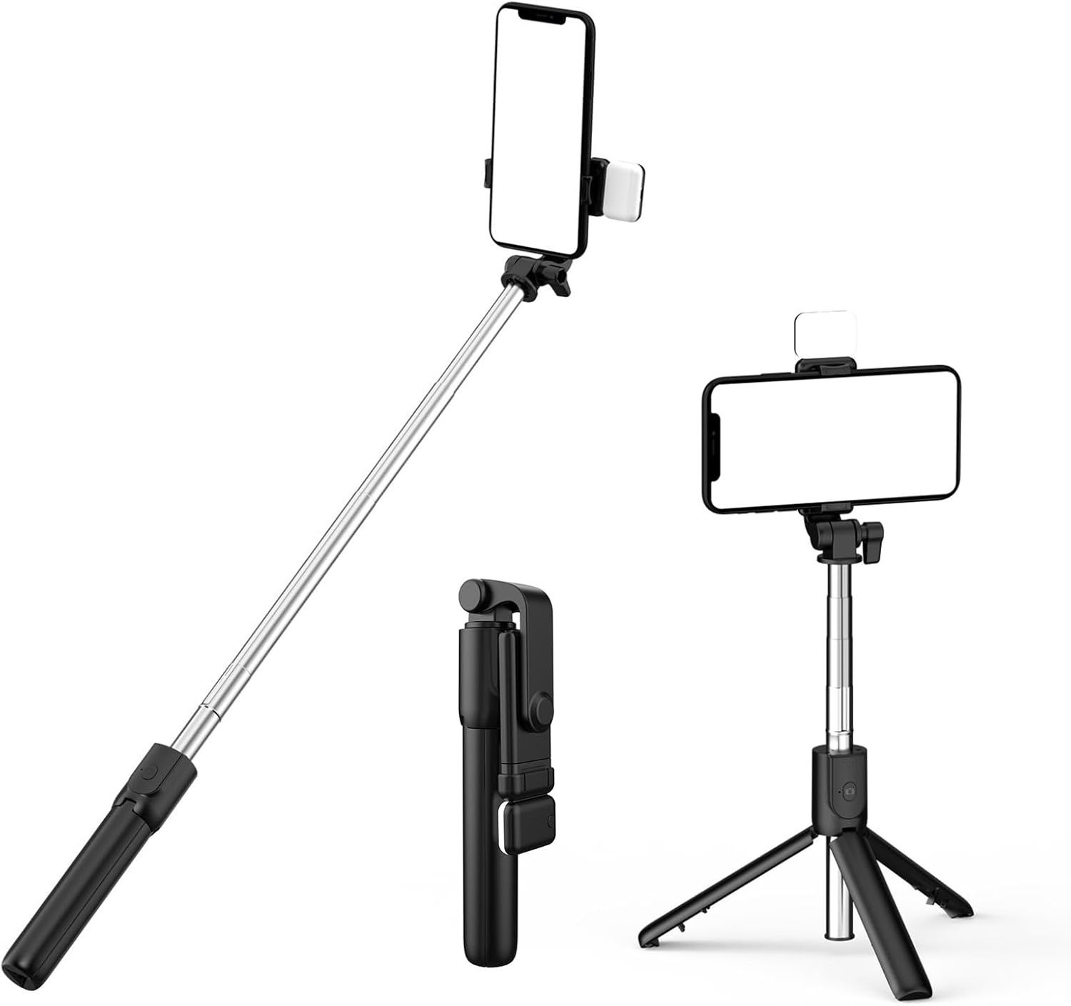 Selfie Stick, 70cm Retractable Phone Tripod with Wireless Remote Control & Light, Portable Selfie Stick Tripod for Photograph, Live Streaming, Video Recording, Compatible with All Cellphones