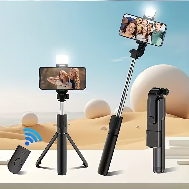 Selfie Stick, 70cm Retractable Phone Tripod with Wireless Remote Control & Light, Portable Selfie Stick Tripod for Photograph, Live Streaming, Video Recording, Compatible with All Cellphones