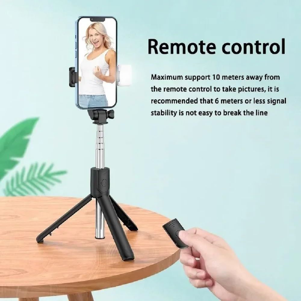 Selfie Stick, 70cm Retractable Phone Tripod with Wireless Remote Control & Light, Portable Selfie Stick Tripod for Photograph, Live Streaming, Video Recording, Compatible with All Cellphones