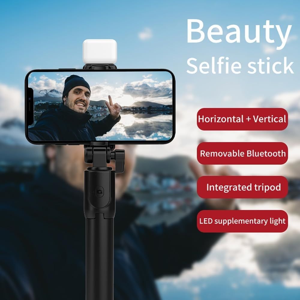 Selfie Stick, 70cm Retractable Phone Tripod with Wireless Remote Control & Light, Portable Selfie Stick Tripod for Photograph, Live Streaming, Video Recording, Compatible with All Cellphones