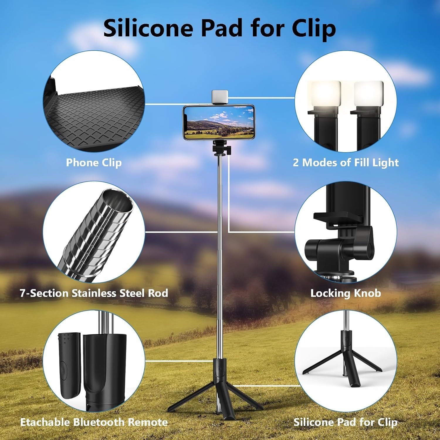 Selfie Stick, 70cm Retractable Phone Tripod with Wireless Remote Control & Light, Portable Selfie Stick Tripod for Photograph, Live Streaming, Video Recording, Compatible with All Cellphones