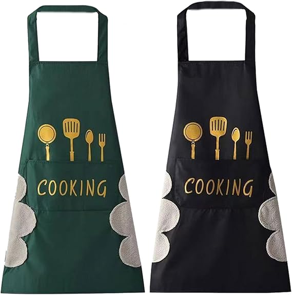 2pcs Black And Green Polyester Apron, Simple Apron, Thickened High Quality And Waist Apron, Fashion Housework Kitchen Home Work Clothes, Kitchen Supplies, Printed Apron