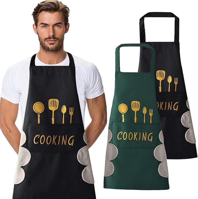 2pcs Black And Green Polyester Apron, Simple Apron, Thickened High Quality And Waist Apron, Fashion Housework Kitchen Home Work Clothes, Kitchen Supplies, Printed Apron