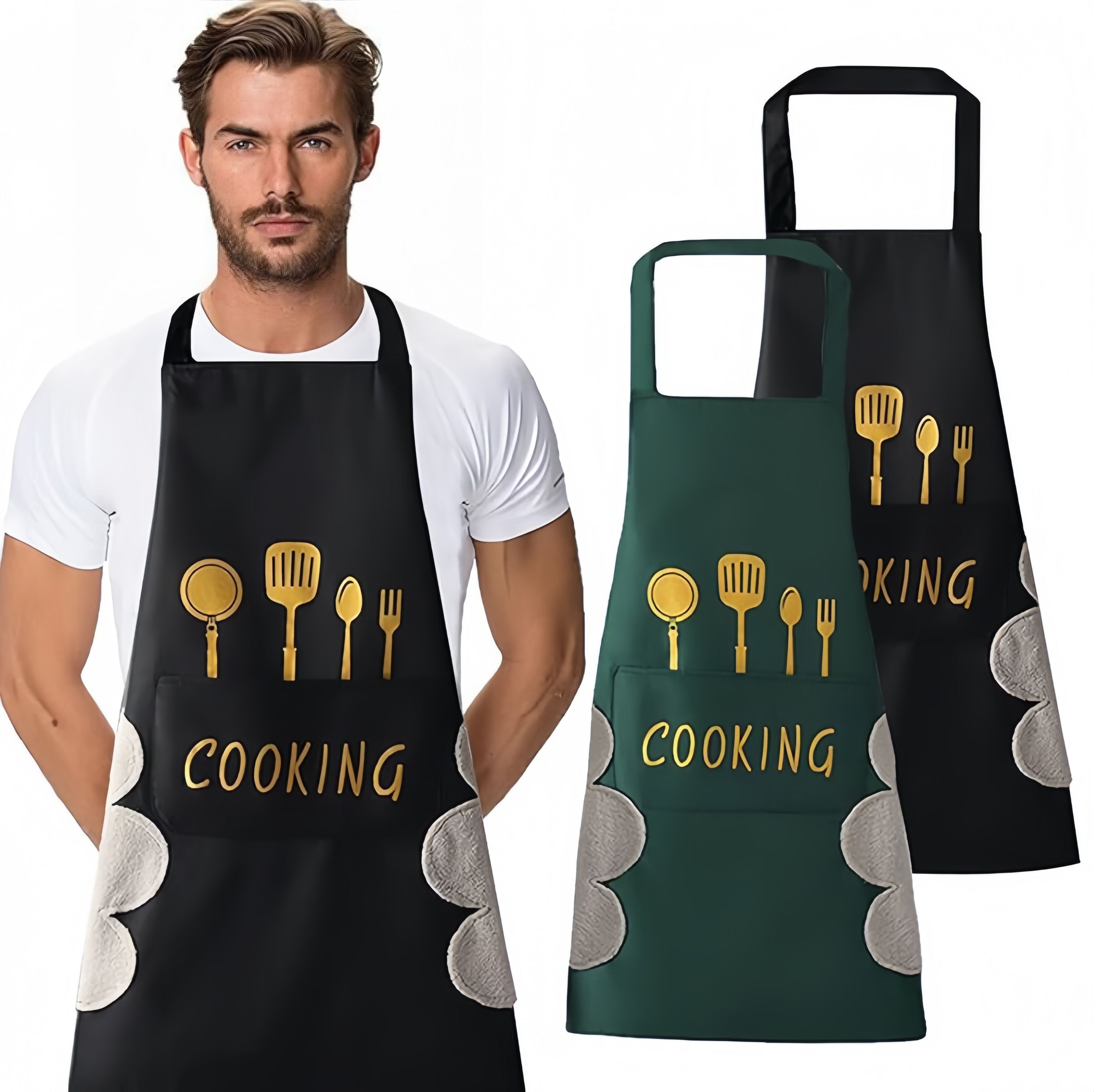 2pcs Black And Green Polyester Apron, Simple Apron, Thickened High Quality And Waist Apron, Fashion Housework Kitchen Home Work Clothes, Kitchen Supplies, Printed Apron