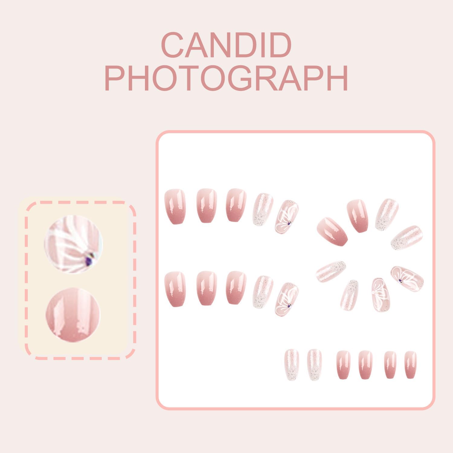 24pcs Pink White French Tip Press On Nails, Mid Squvoal Fake Nails Glossy Full Cover Butterfly And Glitter Powder Stick On Nails, Acrylic Nails For Women