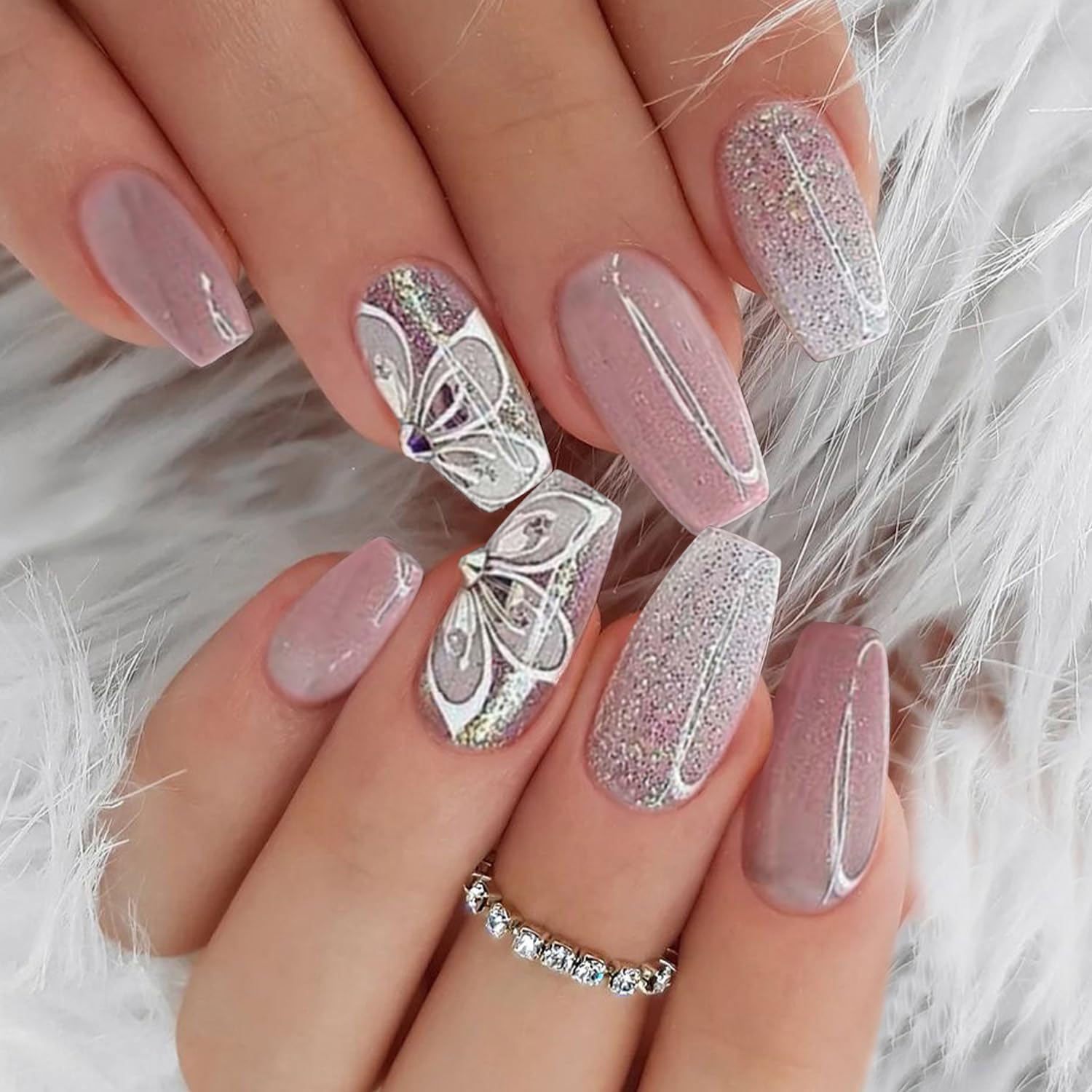 24pcs Pink White French Tip Press On Nails, Mid Squvoal Fake Nails Glossy Full Cover Butterfly And Glitter Powder Stick On Nails, Acrylic Nails For Women