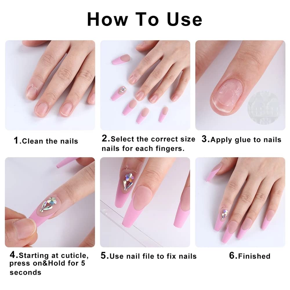 24pcs Pink White French Tip Press On Nails, Mid Squvoal Fake Nails Glossy Full Cover Butterfly And Glitter Powder Stick On Nails, Acrylic Nails For Women