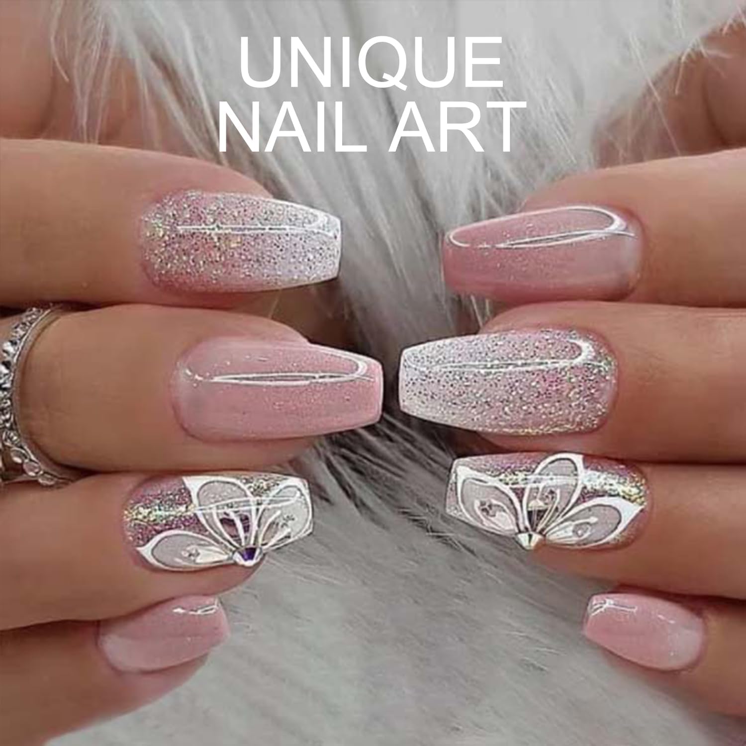 24pcs Pink White French Tip Press On Nails, Mid Squvoal Fake Nails Glossy Full Cover Butterfly And Glitter Powder Stick On Nails, Acrylic Nails For Women