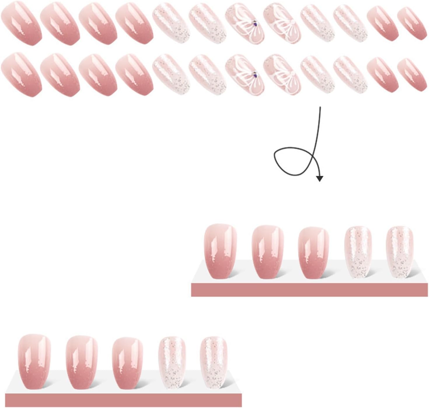 24pcs Pink White French Tip Press On Nails, Mid Squvoal Fake Nails Glossy Full Cover Butterfly And Glitter Powder Stick On Nails, Acrylic Nails For Women