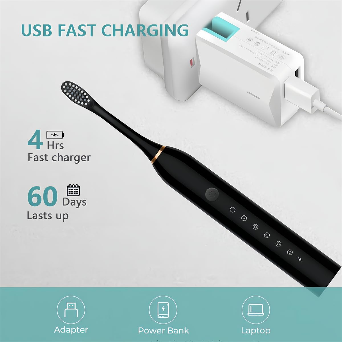 Electric Toothbrush for Adults and Kids, Sonic Powerd Whitening Toothbrush with 8 Brush Heads, 6 Cleaning Modes, 2 Mins Smart Timer, 42000 VPM, USB Rechargeable, One Charge for 60 Days