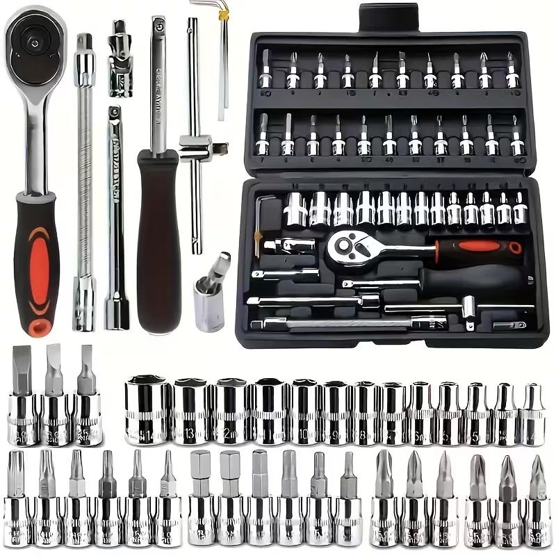 46pcs Heavy-Duty 1/4-Inch Socket Set with Quick-Release Ratchet,Screwdriver Kit for Automobiles & Trucks,Durable Iron Construction, Storage Case, Versatile Tool Kit for DIY & Professional Mechanics
