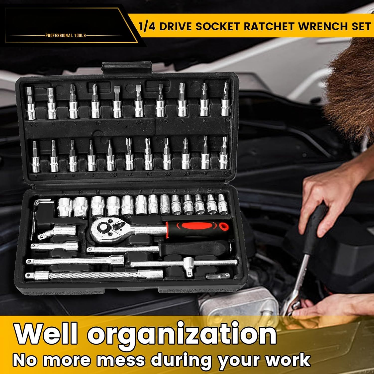 46pcs Heavy-Duty 1/4-Inch Socket Set with Quick-Release Ratchet,Screwdriver Kit for Automobiles & Trucks,Durable Iron Construction, Storage Case, Versatile Tool Kit for DIY & Professional Mechanics