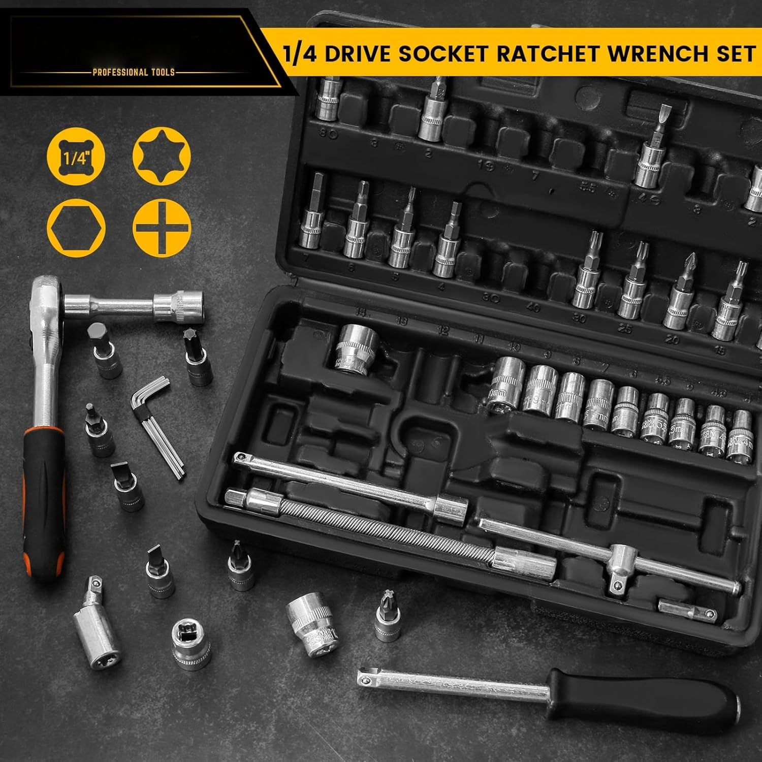 46pcs Heavy-Duty 1/4-Inch Socket Set with Quick-Release Ratchet,Screwdriver Kit for Automobiles & Trucks,Durable Iron Construction, Storage Case, Versatile Tool Kit for DIY & Professional Mechanics