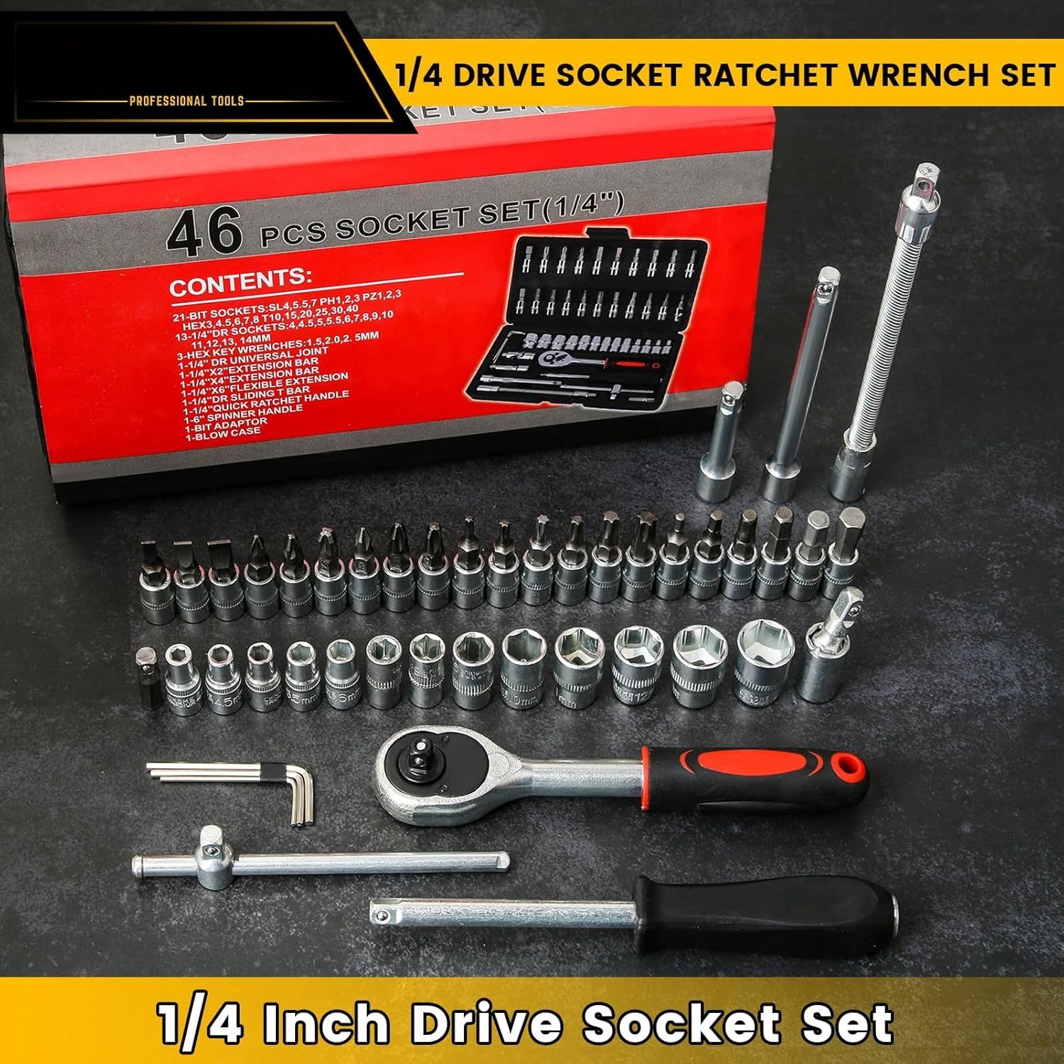 46pcs Heavy-Duty 1/4-Inch Socket Set with Quick-Release Ratchet,Screwdriver Kit for Automobiles & Trucks,Durable Iron Construction, Storage Case, Versatile Tool Kit for DIY & Professional Mechanics