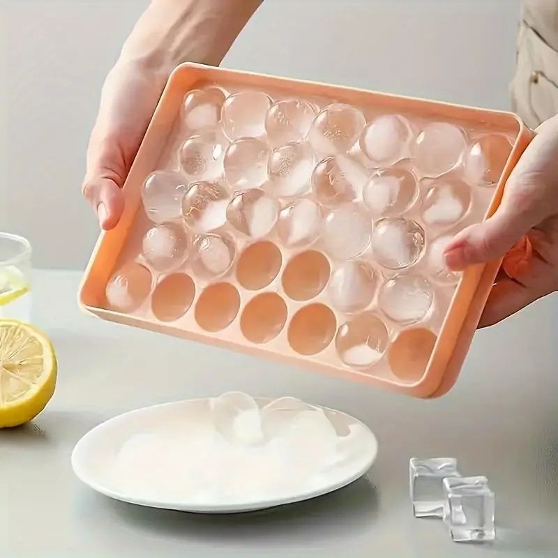 Round Ice Cube Tray with Lid, Mini Ice Ball Maker Mould for Freezer 33 Reusable Sphere Circle Ice Making Mold Easy Release for Water Cocktail Whiskey Coffee