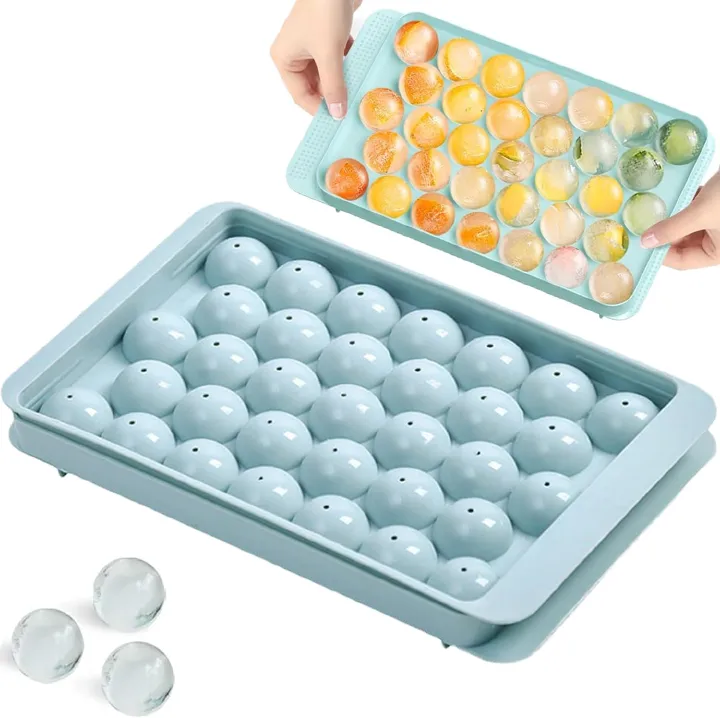 Round Ice Cube Tray with Lid, Mini Ice Ball Maker Mould for Freezer 33 Reusable Sphere Circle Ice Making Mold Easy Release for Water Cocktail Whiskey Coffee