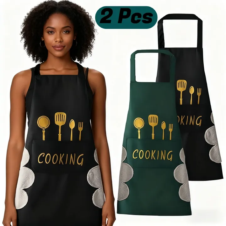 2pcs Black And Green Polyester Apron, Simple Apron, Thickened High Quality And Waist Apron, Fashion Housework Kitchen Home Work Clothes, Kitchen Supplies, Printed Apron