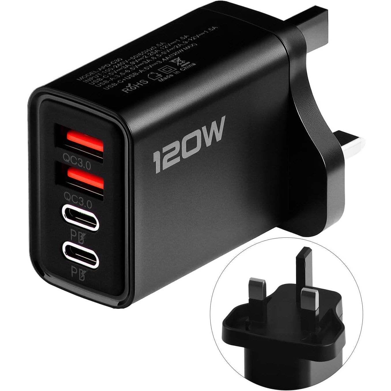 120W Multi USB C Plug 4-Port UK Charger Plug Fast Charging USB Plug Dual Port PD QC Wall Charger Head Type C Charger Head