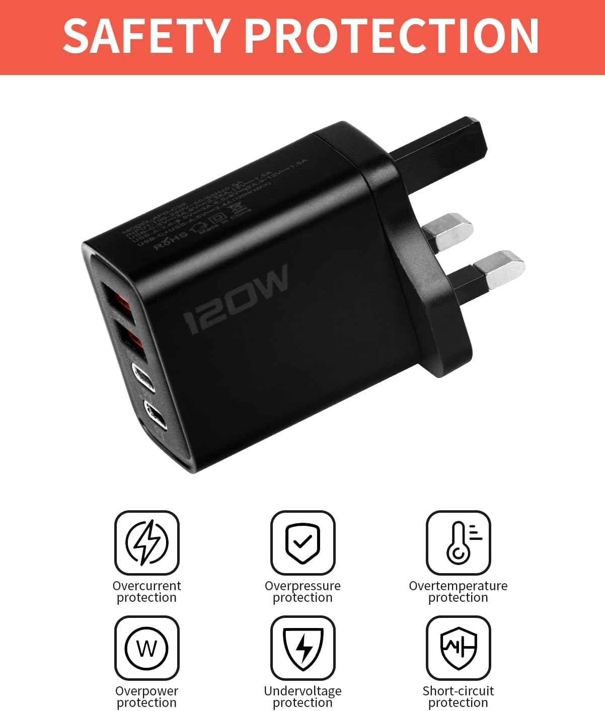 120W Multi USB C Plug 4-Port UK Charger Plug Fast Charging USB Plug Dual Port PD QC Wall Charger Head Type C Charger Head