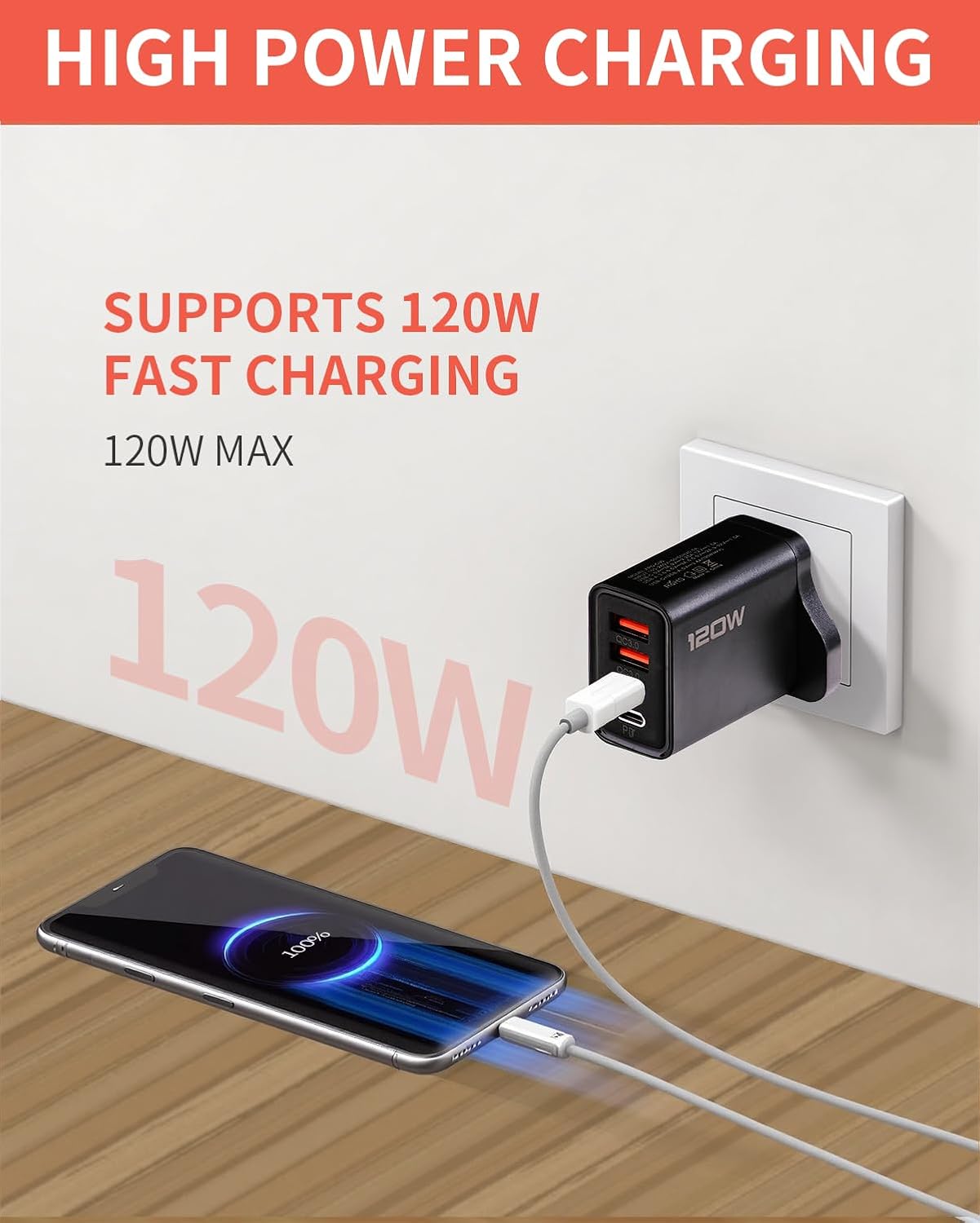 120W Multi USB C Plug 4-Port UK Charger Plug Fast Charging USB Plug Dual Port PD QC Wall Charger Head Type C Charger Head