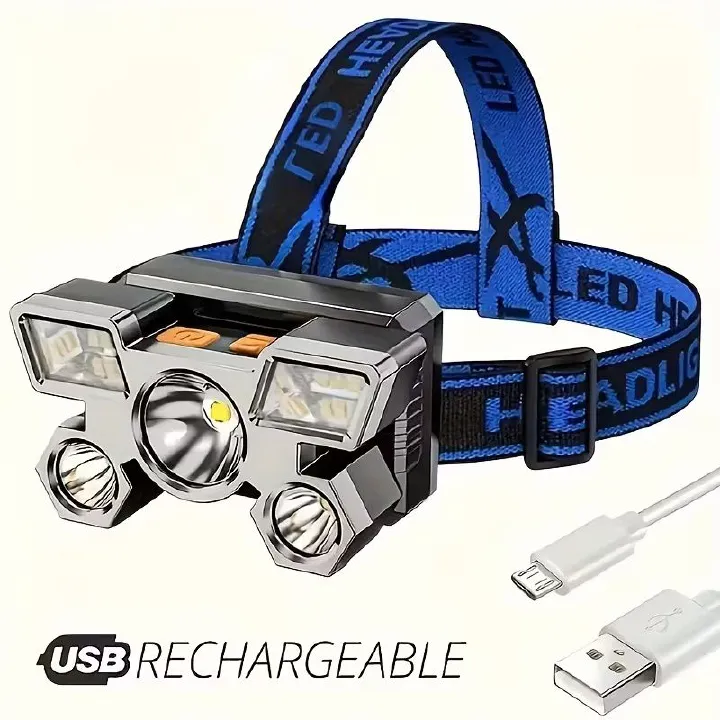 Headlamp With Built In Battery USB Rechargeable Home Decoration Hardware Tools, 4 Modes Portable Head Flashlight, Lightweight 5 LED Headlight, Outdoor Camping Fishing Lantern Mining Headlamp