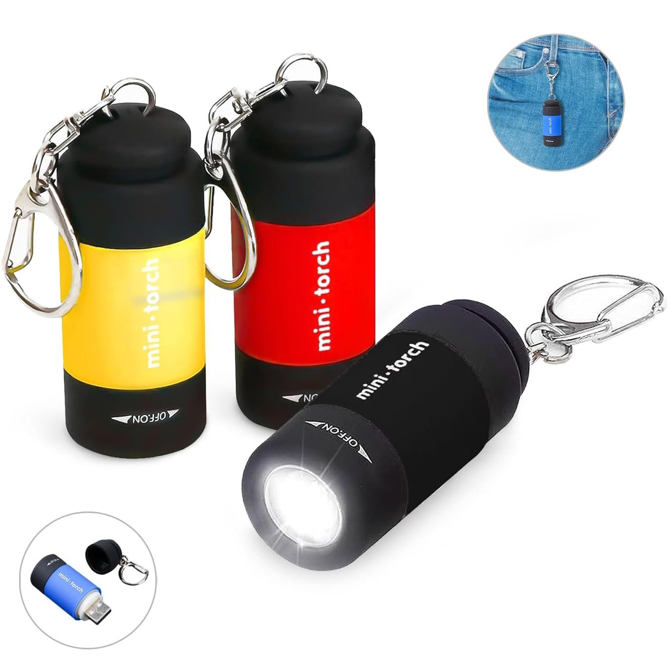 Mini Keychain Flashlight, Pocket LED Flashlight Portable Torch USB Rechargeable for Outdoor Camping Party, Black