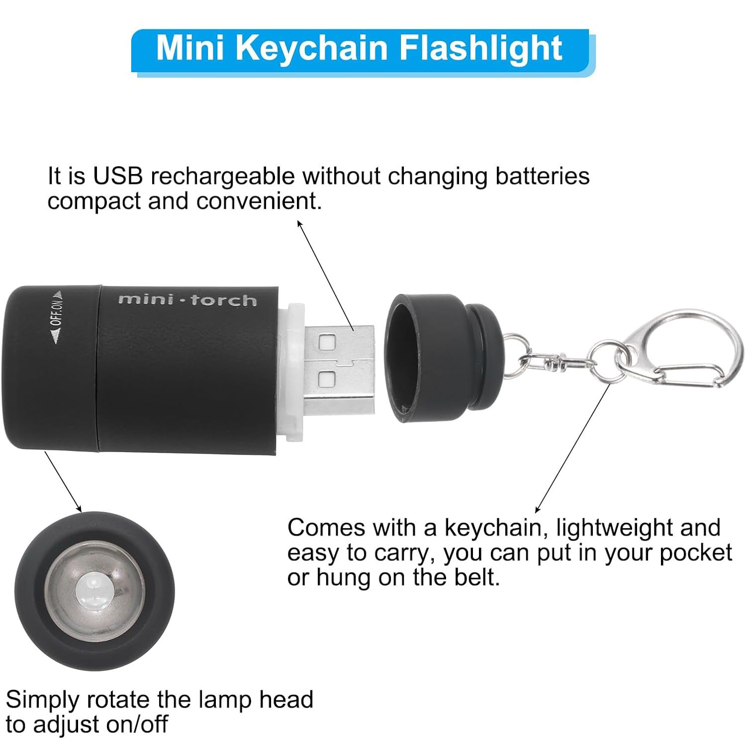 Mini Keychain Flashlight, Pocket LED Flashlight Portable Torch USB Rechargeable for Outdoor Camping Party, Black